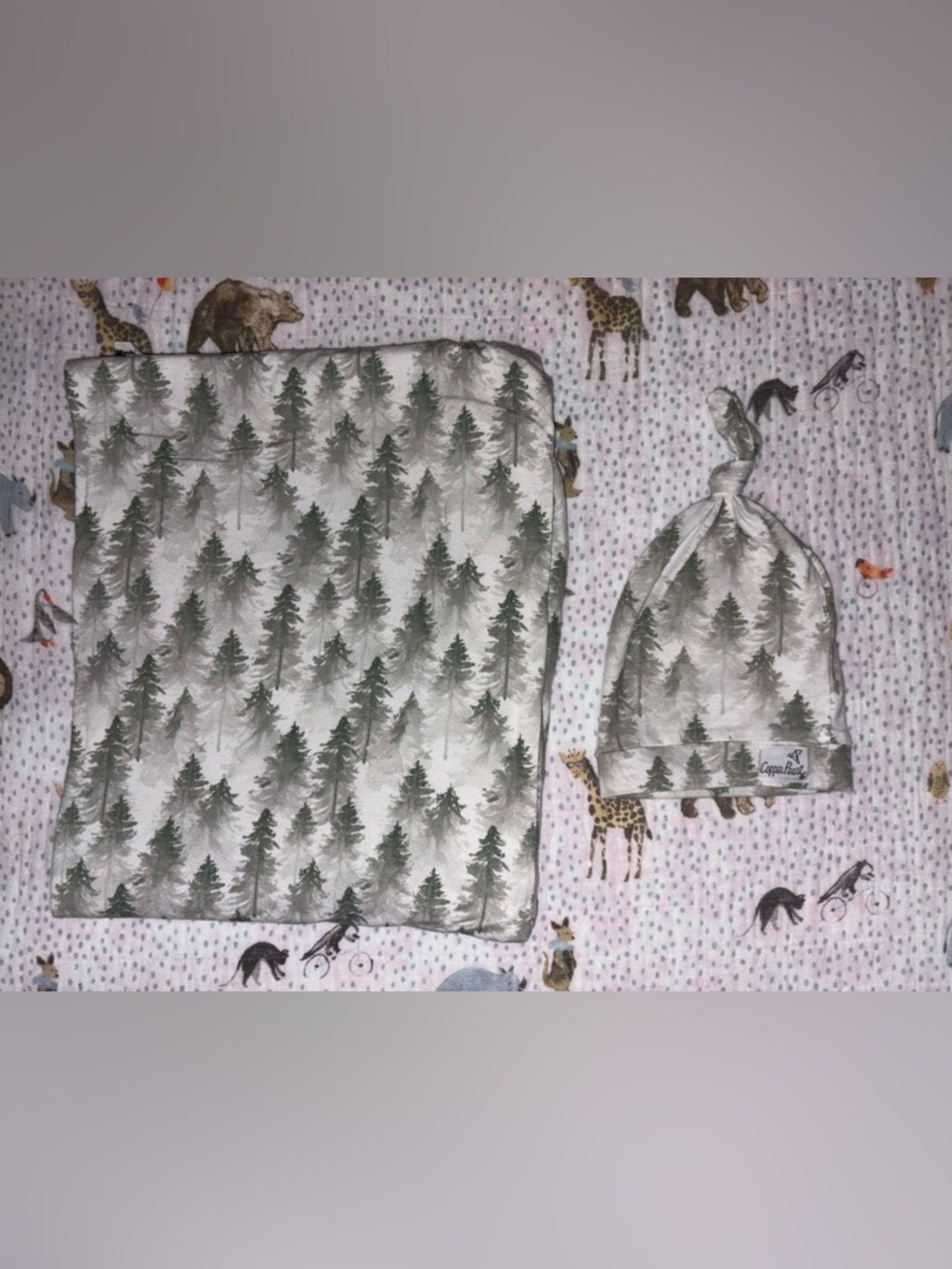 “Tree” swaddle and hat bundle